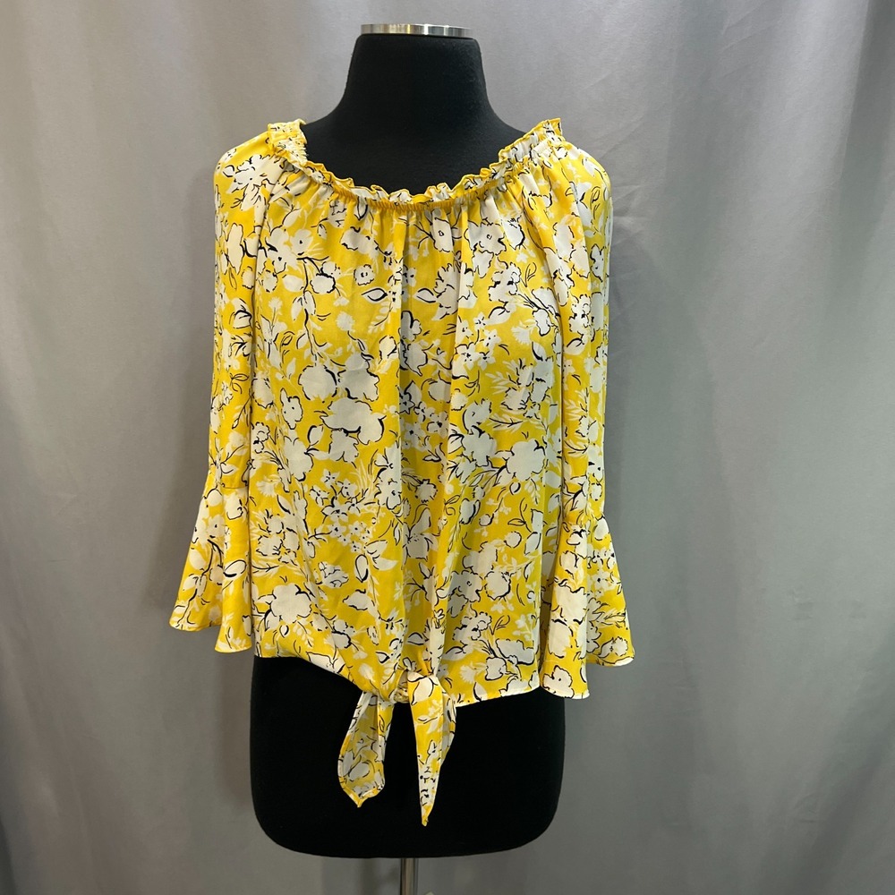 A. Byer Blouse Top Womens S Yellow Floral Bell Sleeve Off The Shoulder Knot Hem